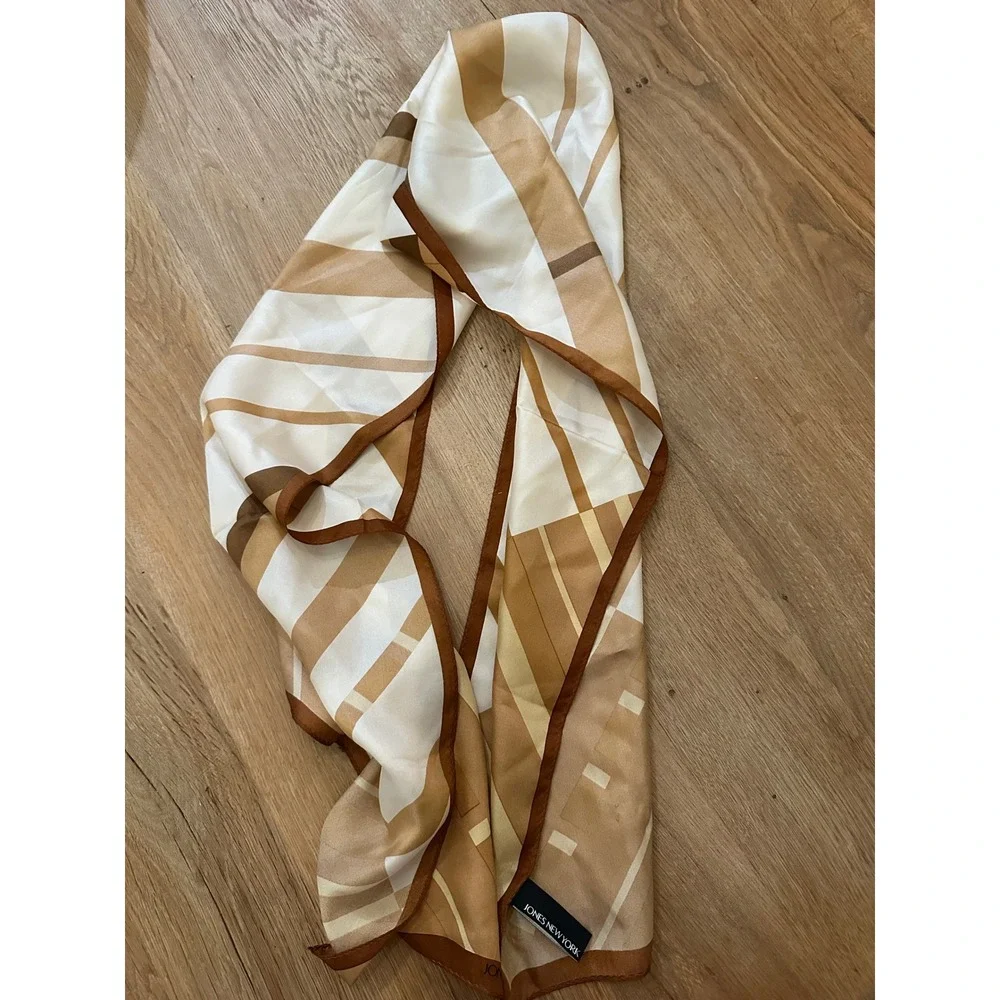 Jones New York Pure Silk Geometric Scarf Neutral Tan Beige Cream